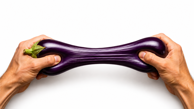 eggplant stretched in hands